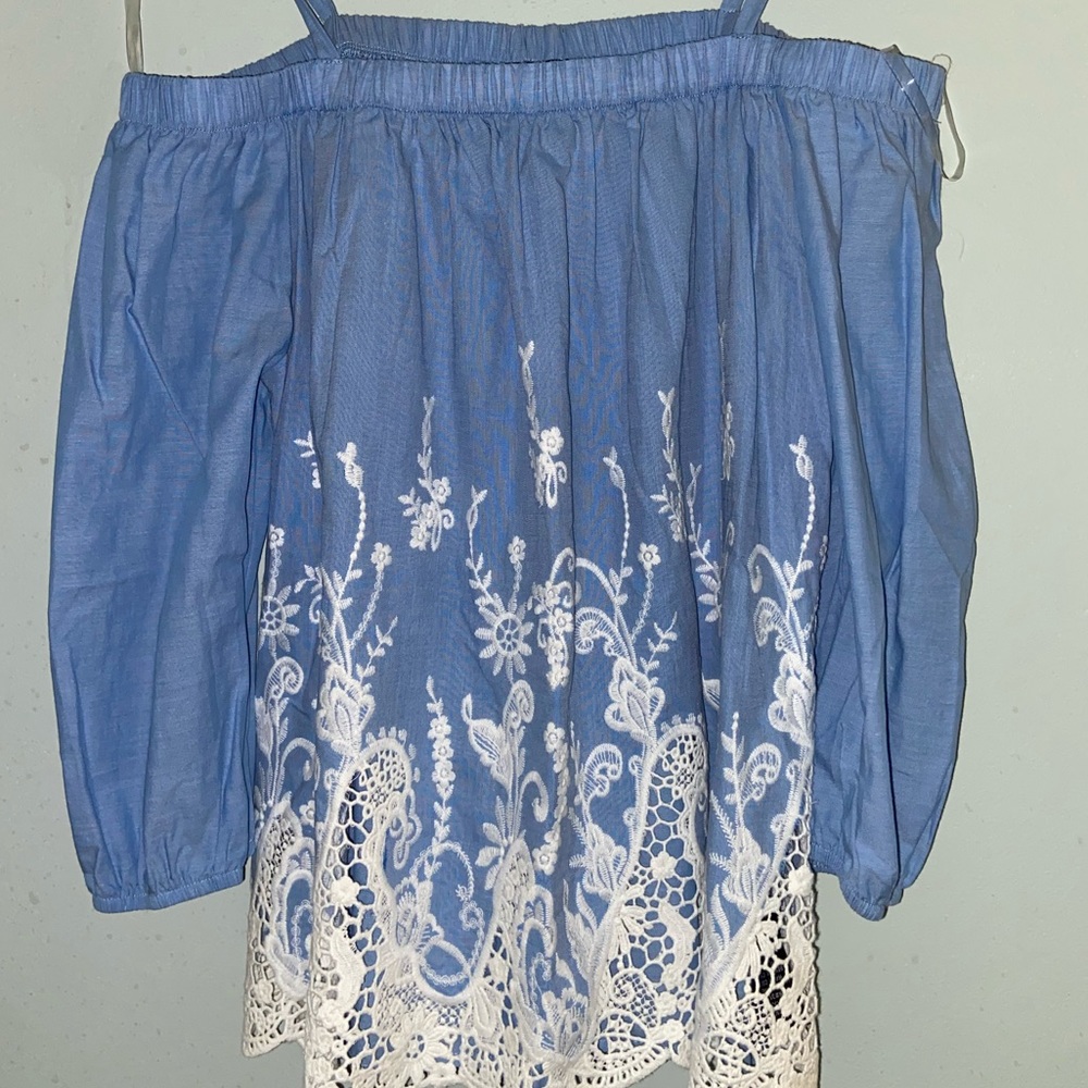Blue off the shoulder top with lace detail